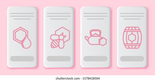 Set line Honeycomb, Bee and honeycomb, Tea kettle with honey and Wooden barrel with honey. White rectangle button. Vector