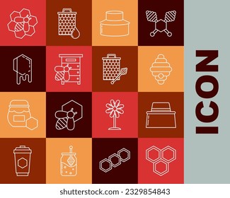 Set line Honeycomb, Beekeeper with protect hat, Hive for bees, and honeycomb and dipper stickicon icon. Vector