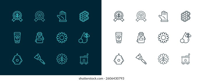 Set line Honeycomb, Beekeeping brush, Flower, flower, Jar of honey, Beekeeper glove, Best bee and award icon. Vector