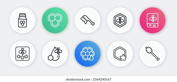 Set line Honeycomb, Book about bee, Type of, Bee and honeycomb, Beekeeping brush, dipper stick and  icon. Vector