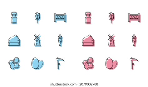 Set line Honeycomb, Chicken egg, Can container for milk, Scythe, Windmill, Carrot, Wooden box with harvest and Cereals rice, wheat, corn, oats, rye icon. Vector
