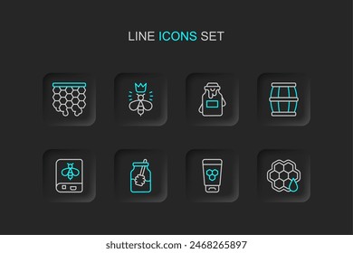 Set line Honeycomb, Tubo cosmético con miel, Tarro de miel y palo de abeja, Libro sobre abeja, Barril de madera, Reina e icono. Vector