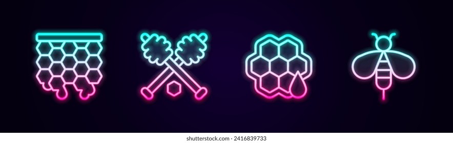 Fijar la línea de Honeycomb, palo de cuentagotas y Bee. Icono de neón brillante. Vector