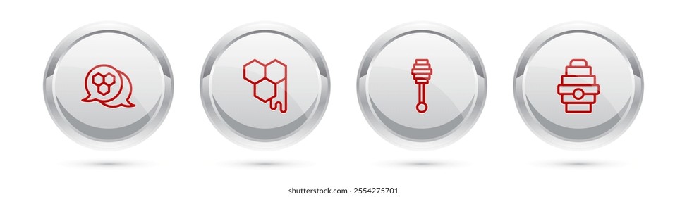 Set line Honeycomb, , dipper stick and Hive for bees. Silver circle button. Vector