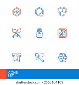 Set line Honeycomb, dipper stick, Bread with honey, Stop bee, Jar of,  and  icon. Vector
