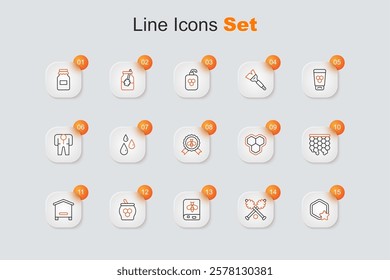 Set line Honeycomb, dipper stick, Book about bee, Jar of honey and, Hive for bees,  and Best icon. Vector