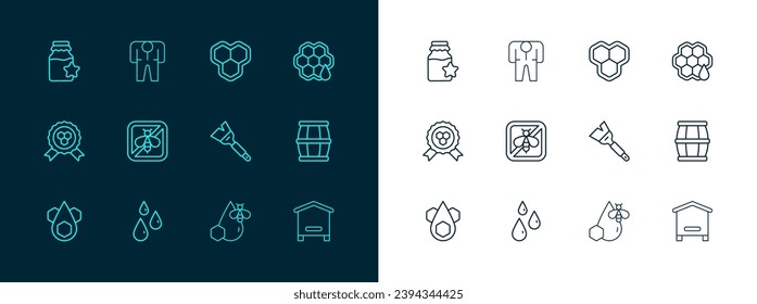 Set line Honeycomb, Drops of honey, Beekeeping brush, and honeycomb, Stop bee, Jar and Beekeeper costume icon. Vector