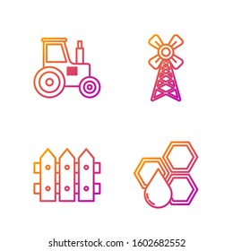 Set line Honeycomb, Garden fence wooden, Tractor and Windmill. Gradient color icons. Vector