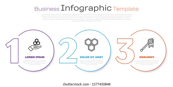 Set line Honeycomb and hand, Honeycomb and Honey dipper stick with dripping honey. Business infographic template. Vector
