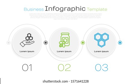 Set line Honeycomb and hand, Jar of honey with bee and Honeycomb. Business infographic template. Vector