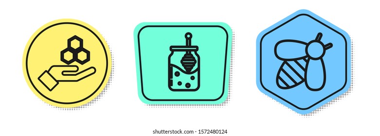 Set line Honeycomb and hand, Jar of honey and honey dipper stick and Bee. Colored shapes. Vector