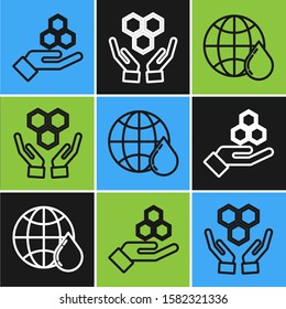 Set line Honeycomb and hand, Honeycomb map of the world and Honeycomb and hands icon. Vector