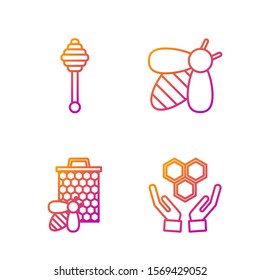 Set line Honeycomb and hands, Bee and honeycomb, Honey dipper stick and Bee. Gradient color icons. Vector