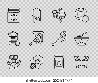 Set line Honeycomb and hands, dipper stick, Hive for bees, Bee honeycomb, Jar of, with dripping,  and bowl icon. Vector
