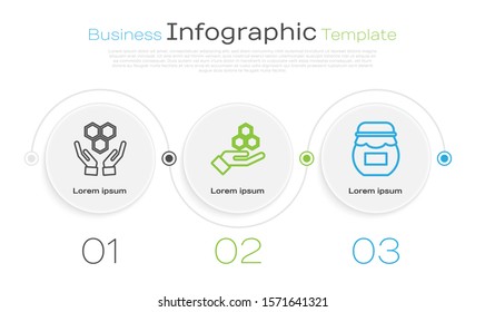 Set line Honeycomb and hands, Honeycomb and hand and Jar of honey. Business infographic template. Vector