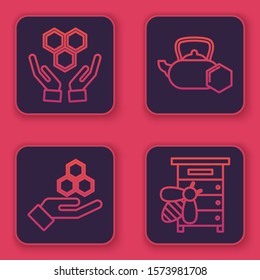 Set line Honeycomb and hands, Honeycomb and hand, Tea kettle with honey and Hive for bees. Blue square button. Vector
