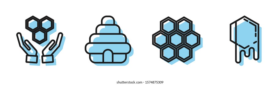 Set line Honeycomb, Honeycomb and hands, Hive for bees and Honeycomb icon. Vector