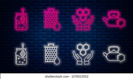 Set line Honeycomb, Honeycomb and hands, Jar of honey and honey dipper stick and Tea kettle with honey. Glowing neon icon on brick wall. Vector