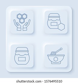 Set line Honeycomb and hands, Jar of honey, Jar of honey and Honey dipper stick and bowl. White square button. Vector