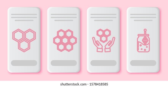 Set line Honeycomb, Honeycomb, Honeycomb and hands and Jar of honey and honey dipper stick. White rectangle button. Vector