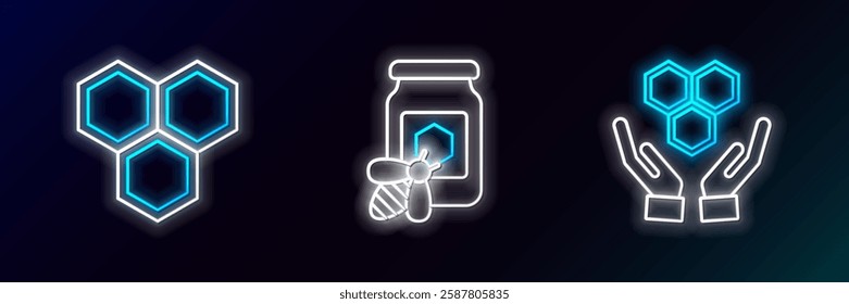 Set line Honeycomb and hands,  and Jar of honey with bee icon. Glowing neon. Vector