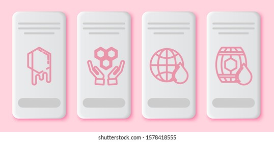 Set line Honeycomb, Honeycomb and hands, Honeycomb map of the world and Wooden barrel with honey. White rectangle button. Vector