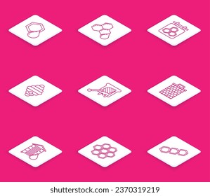 Set line Honeycomb, Hanging sign with honeycomb, Hive for bees, dipper stick dripping,  and  icon. Vector