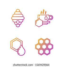 Set line Honeycomb, Honeycomb, Hive for bees and Cup of tea with honey. Gradient color icons. Vector
