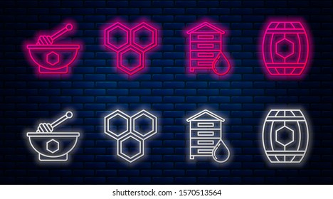 Set line Honeycomb, Hive for bees, Honey dipper stick and bowl and Wooden barrel with honey. Glowing neon icon on brick wall. Vector