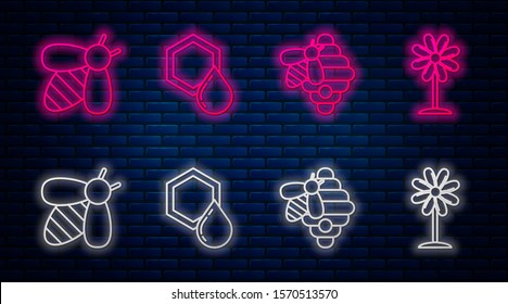 Set line Honeycomb, Hive for bees, Bee and Flower. Glowing neon icon on brick wall. Vector