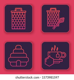 Set line Honeycomb, Hive for bees, Honeycomb with honey dipper stickicon and Cup of tea with honey. Blue square button. Vector