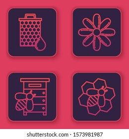 Set line Honeycomb, Hive for bees, Flower and Bee and honeycomb. Blue square button. Vector