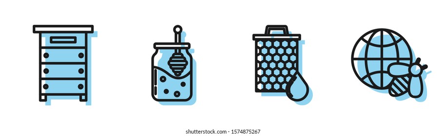 Set line Honeycomb, Hive for bees, Jar of honey and honey dipper stick and Honeycomb map of the world and bee icon. Vector