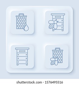 Set line Honeycomb, Hive for bees, Hive for bees and Bee and honeycomb. White square button. Vector