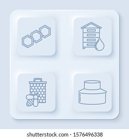 Set line Honeycomb, Hive for bees, Bee and honeycomb and Beekeeper with protect hat. White square button. Vector