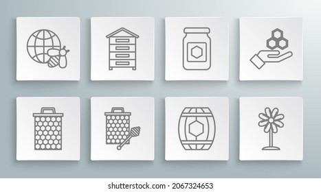 Set line Honeycomb, Hive for bees, with honey dipper stickicon, Wooden barrel, Flower, Jar of, and hand and map the world icon. Vector