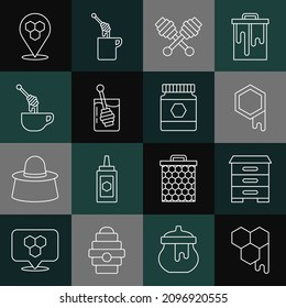 Set line Honeycomb, Hive for bees, dipper stick, with honey, location and Jar of icon. Vector