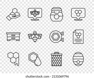 Fijar la línea Honeycomb, Hive para abejas, Jar de miel, y mano, Abeja, e icono. Vector
