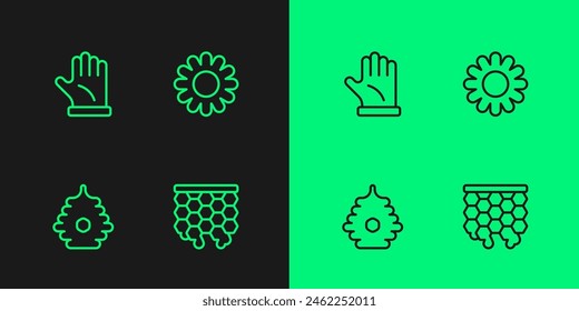 Set line Honeycomb, Hive for bees, Beekeeper glove and Flower icon. Vector