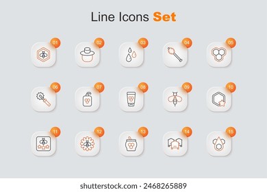 Set line Honeycomb, Hive for bees, Jar of honey and dipper stick, Bee flower, Type,  and Cosmetic tube with icon. Vector