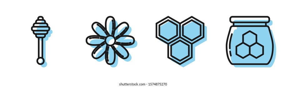 Set line Honeycomb, Honey dipper stick, Flower and Jar of honey icon. Vector