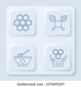 Set line Honeycomb, Honey dipper stick, Honey dipper stick and bowl and Honeycomb and hands. White square button. Vector