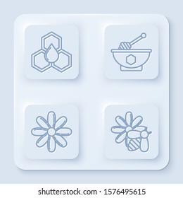 Set line Honeycomb, Honey dipper stick and bowl, Flower and Bee and flower. White square button. Vector