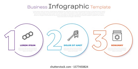 Set line Honeycomb, Honey dipper stick with dripping honey and Jar of honey. Business infographic template. Vector