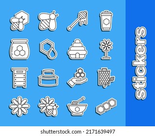 Set line Honeycomb, with honey dipper stickicon, Flower, dripping, Jar of, Bee and honeycomb and Hive for bees icon. Vector