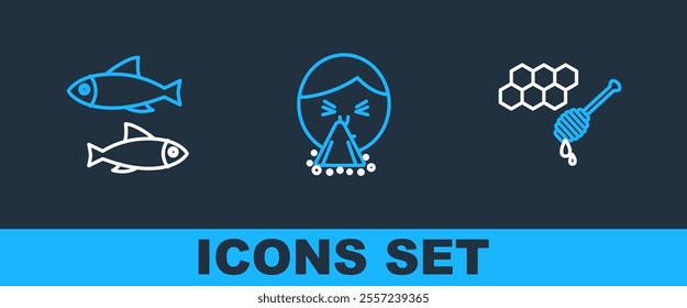 Set line Honeycomb with honey dipper, Fish and Handkerchief to his runny nose icon. Vector