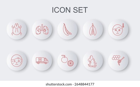 Set line Honeycomb with honey dipper, Man excessive sweating, Kidney beans, Runny nose, Parasite mite, Lungs, Emergency car and Orange fruit icon. Vector