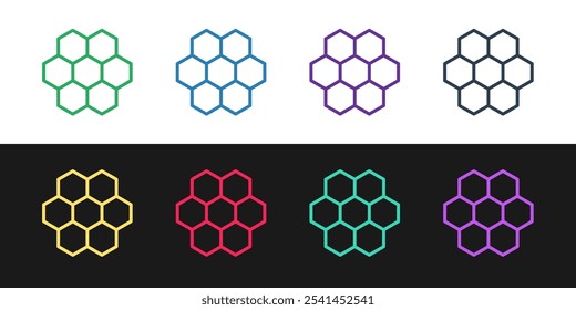 Set line Honeycomb icon isolated on black and white background. Honey cells symbol. Sweet natural food.  Vector