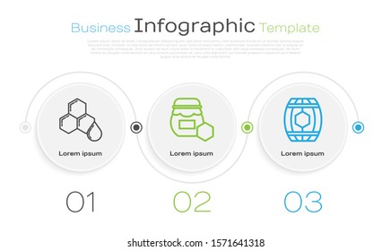 Set line Honeycomb, Jar of honey and Wooden barrel with honey. Business infographic template. Vector