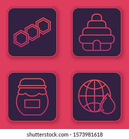 Set line Honeycomb, Jar of honey, Hive for bees and Honeycomb map of the world. Blue square button. Vector